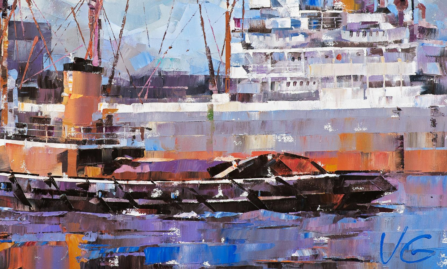 Oil painting Cargo ship and tugboat Volodymyr Gluhomanyuk
