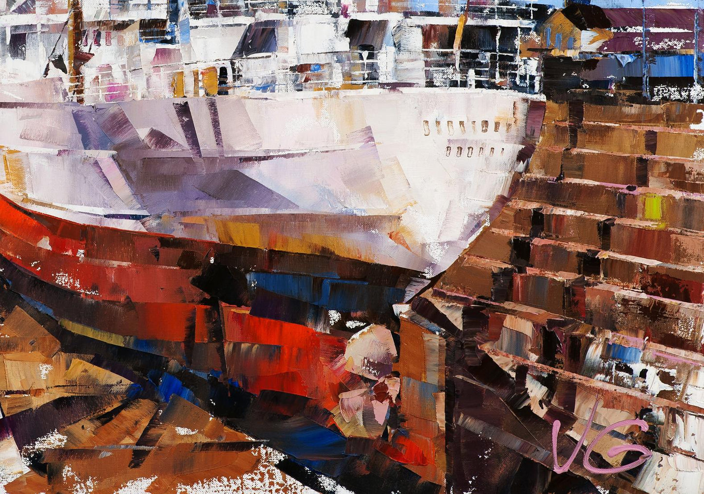 Oil painting Cargo ship Turrialba in Southampton drydock Volodymyr Gluhomanyuk