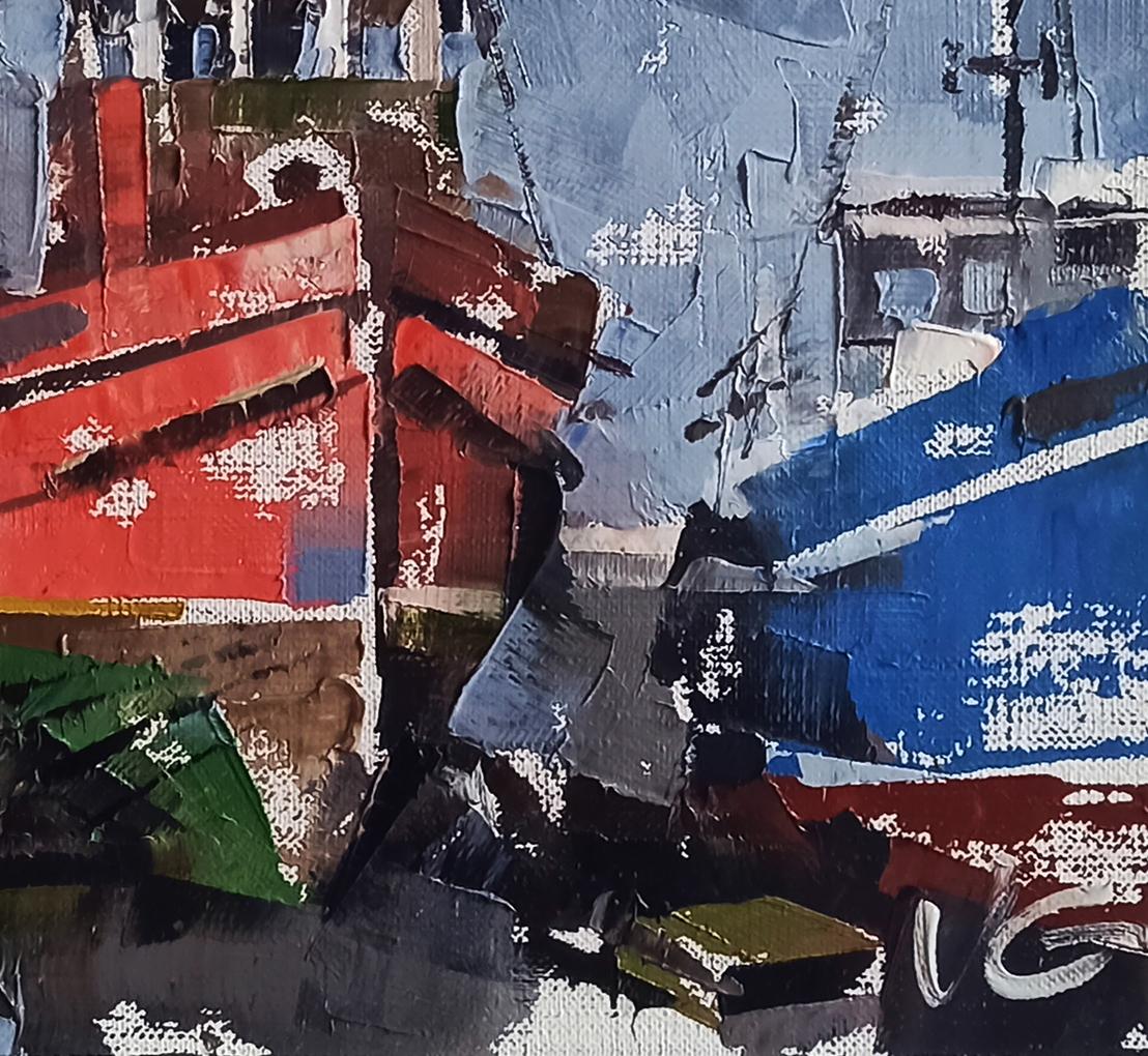 Oil painting Ships in the port Volodymyr Gluhomanyuk