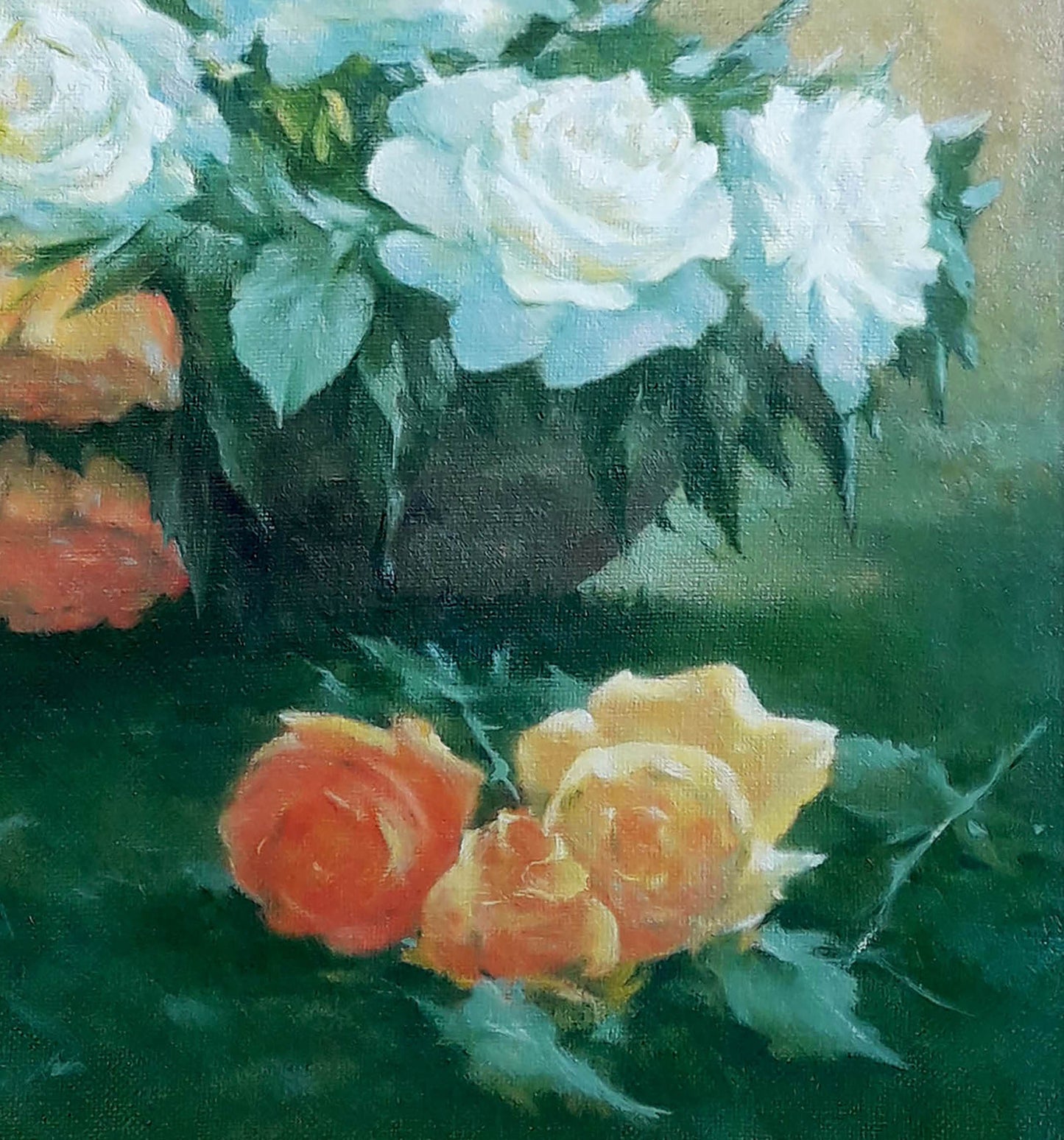 Oil painting White and yellow roses in a vase Vasily Korkishko