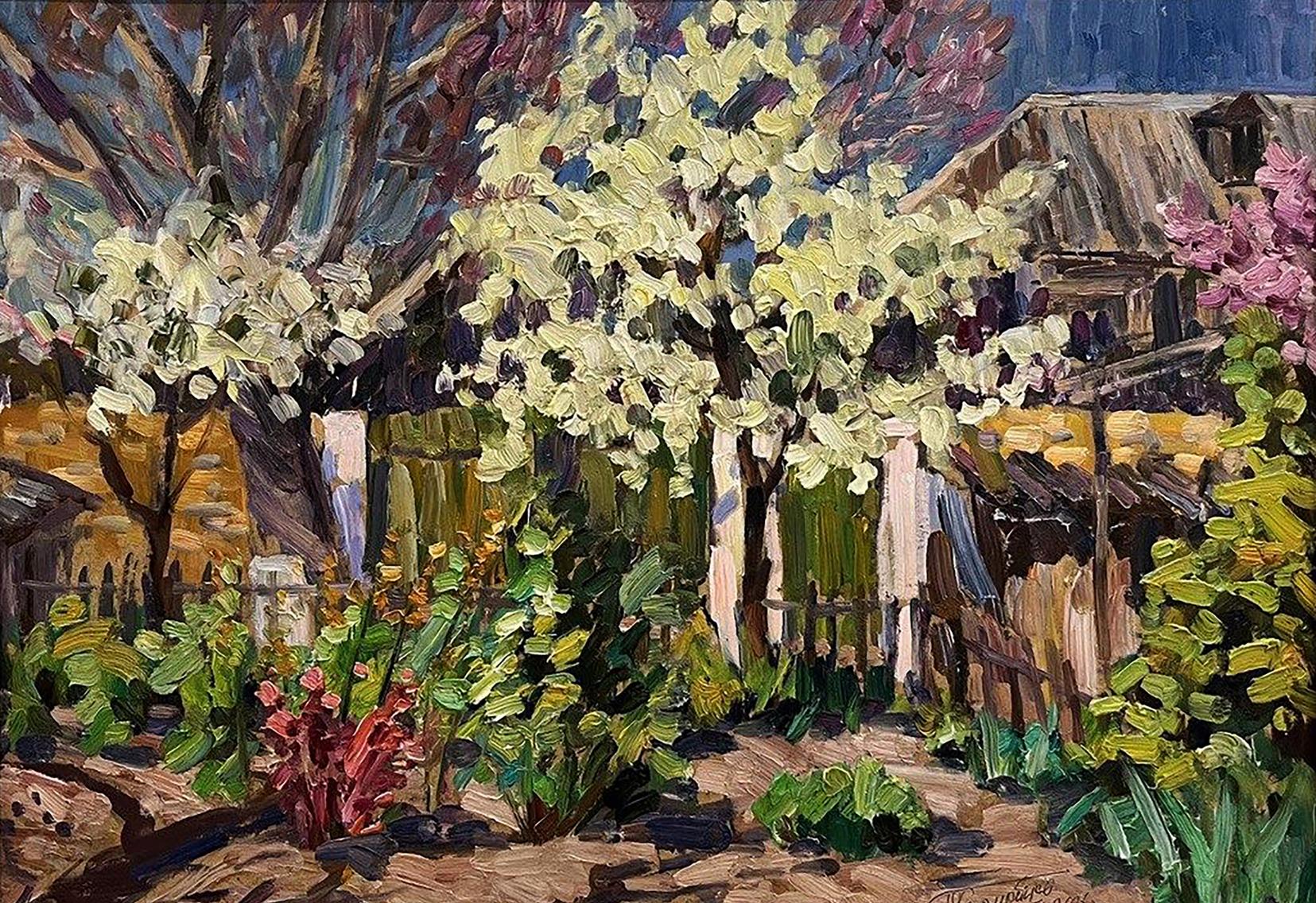 Oil painting Wild pear blossoms in the yard Petro Kolomoytsev