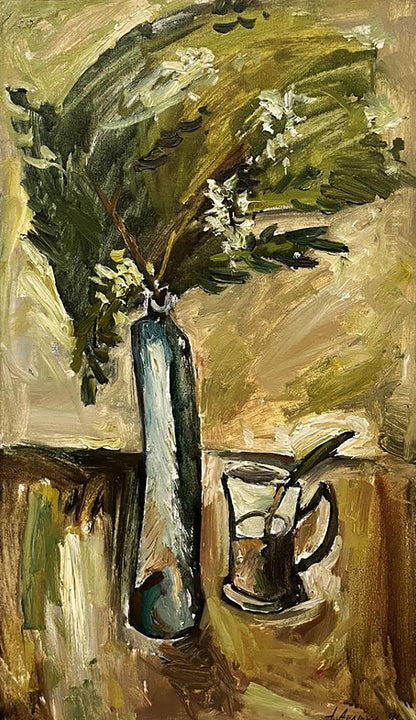 Oil painting Still life with an acacia branch Oleksandr Andreev