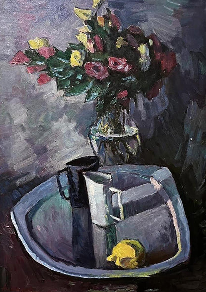 Oil painting Still life with flowers and lemon Oleksandr Andreev