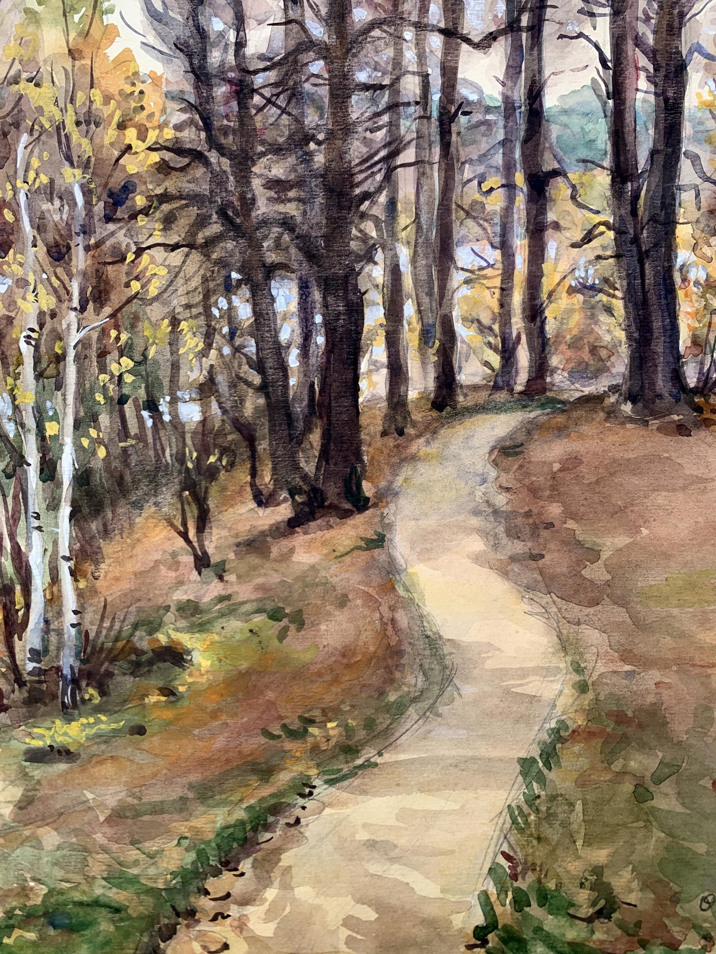 Watercolor painting Path in the autumn forest O. Umansky