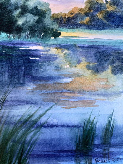 Watercolor painting Cool evening by the river Svetlana Gramm