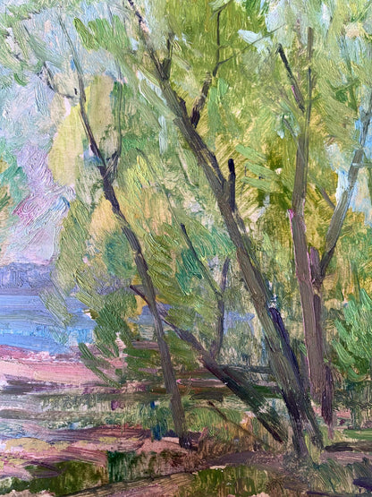 Oil painting Green trees by the river Peter Dobrev