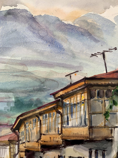 Watercolor painting Busy city street Unknown artist