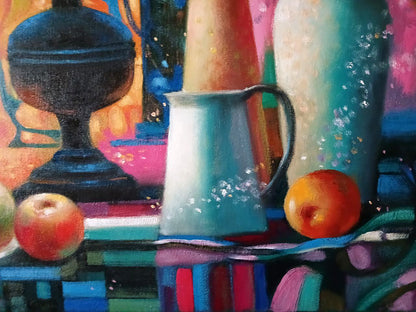 Oil painting Lamps and apples on the table Anatoly Tarabanov