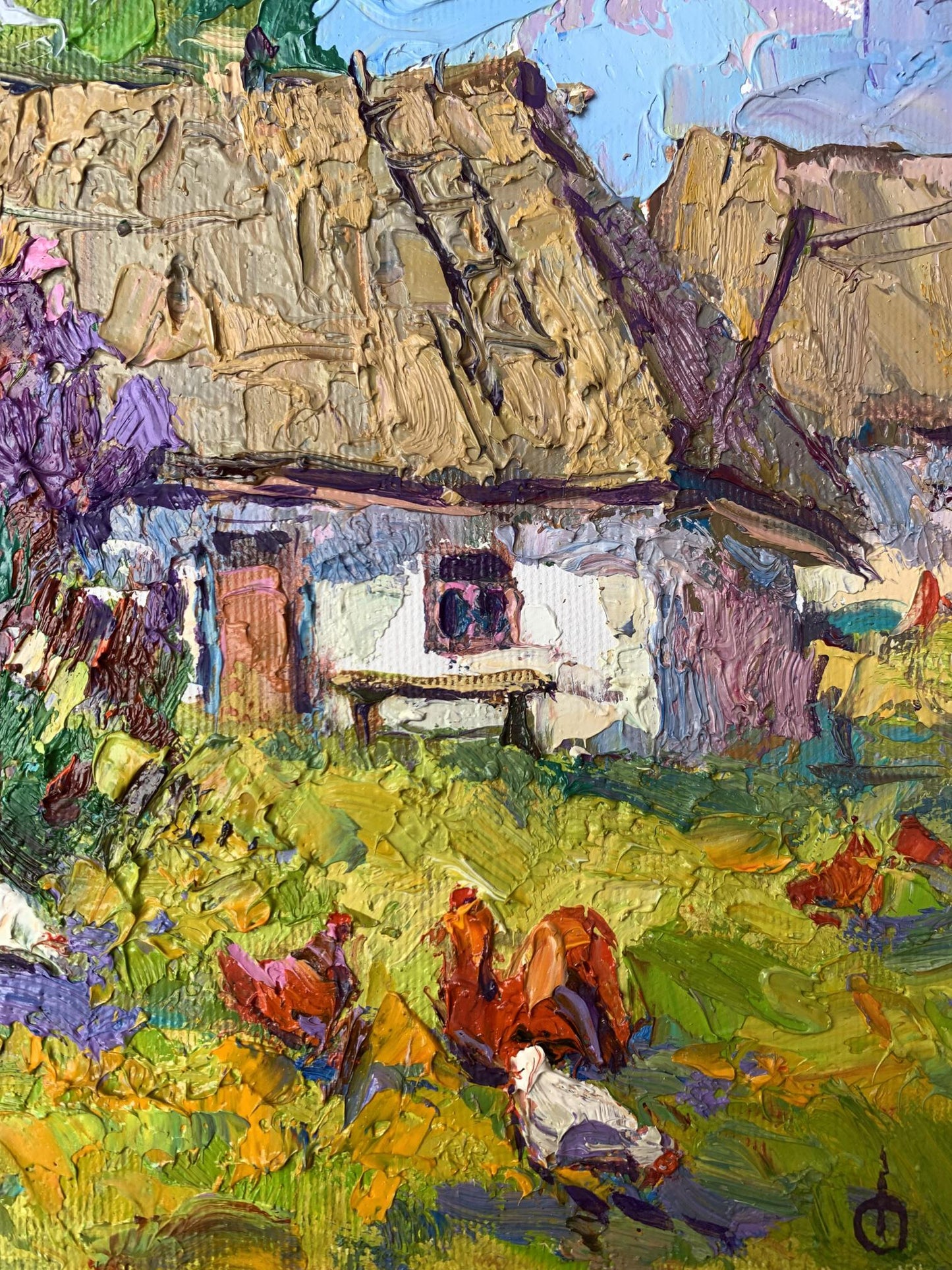 Oil painting Chickens grazing in the yard Oksana Ivanyuk