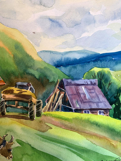 Watercolor painting Village in the mountains Svetlana Gramm