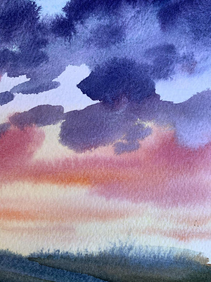 Watercolor painting Pink sunset Svetlana Gramm