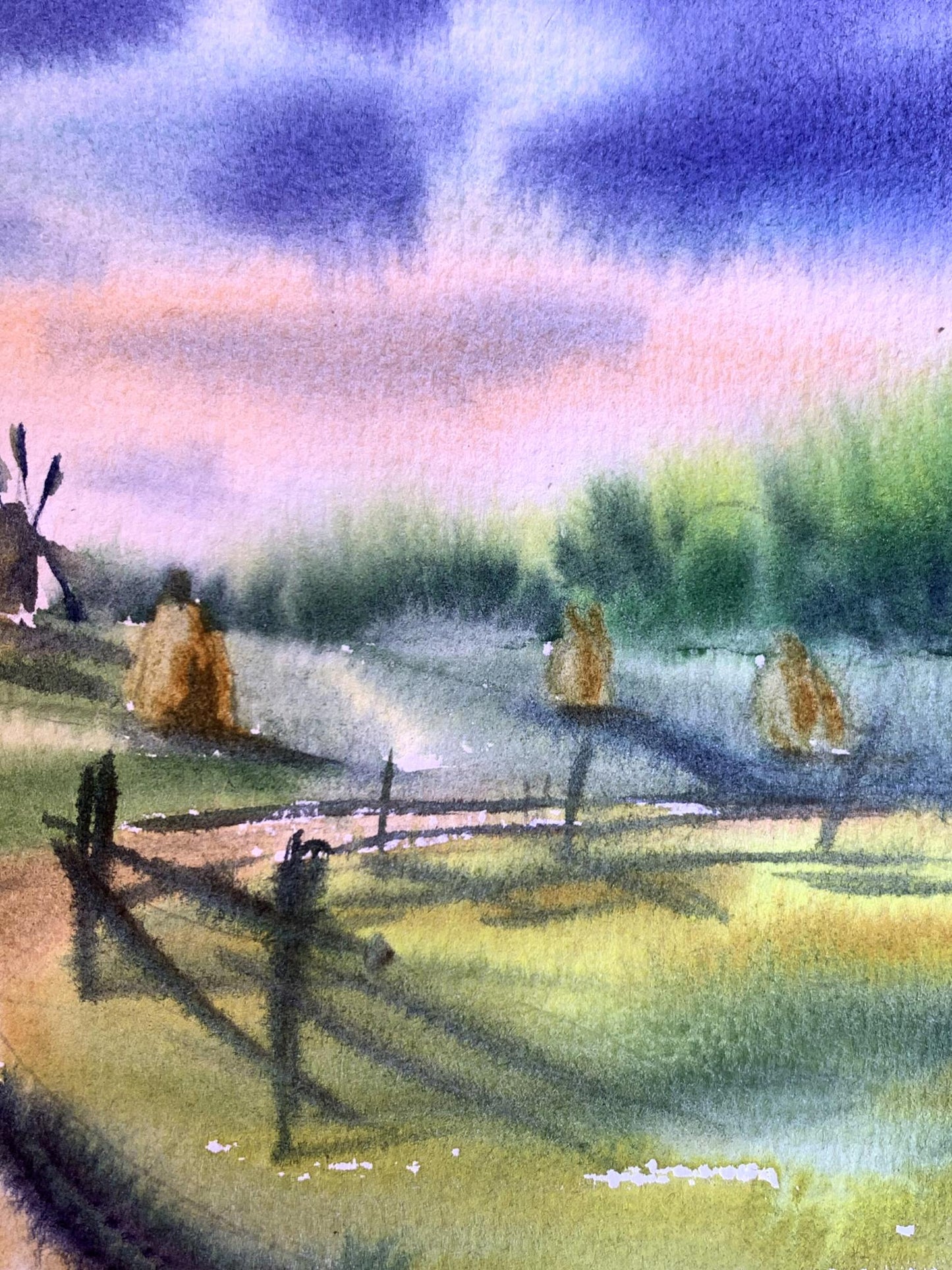 Watercolor painting Windmills and haystacks Svetlana Gramm