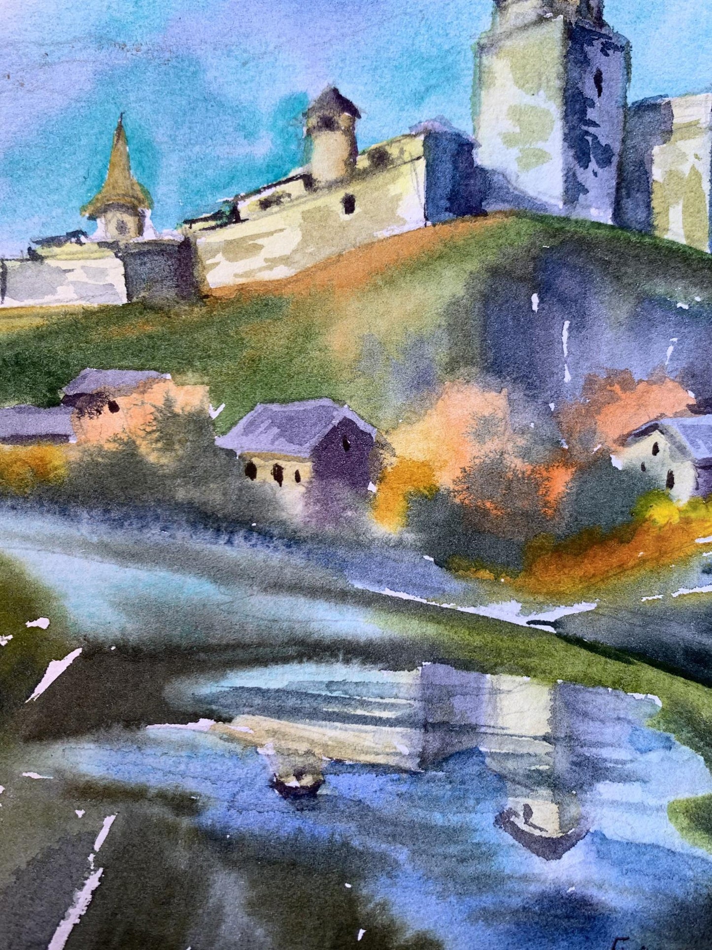 Watercolor painting Castle and village Svetlana Gramm