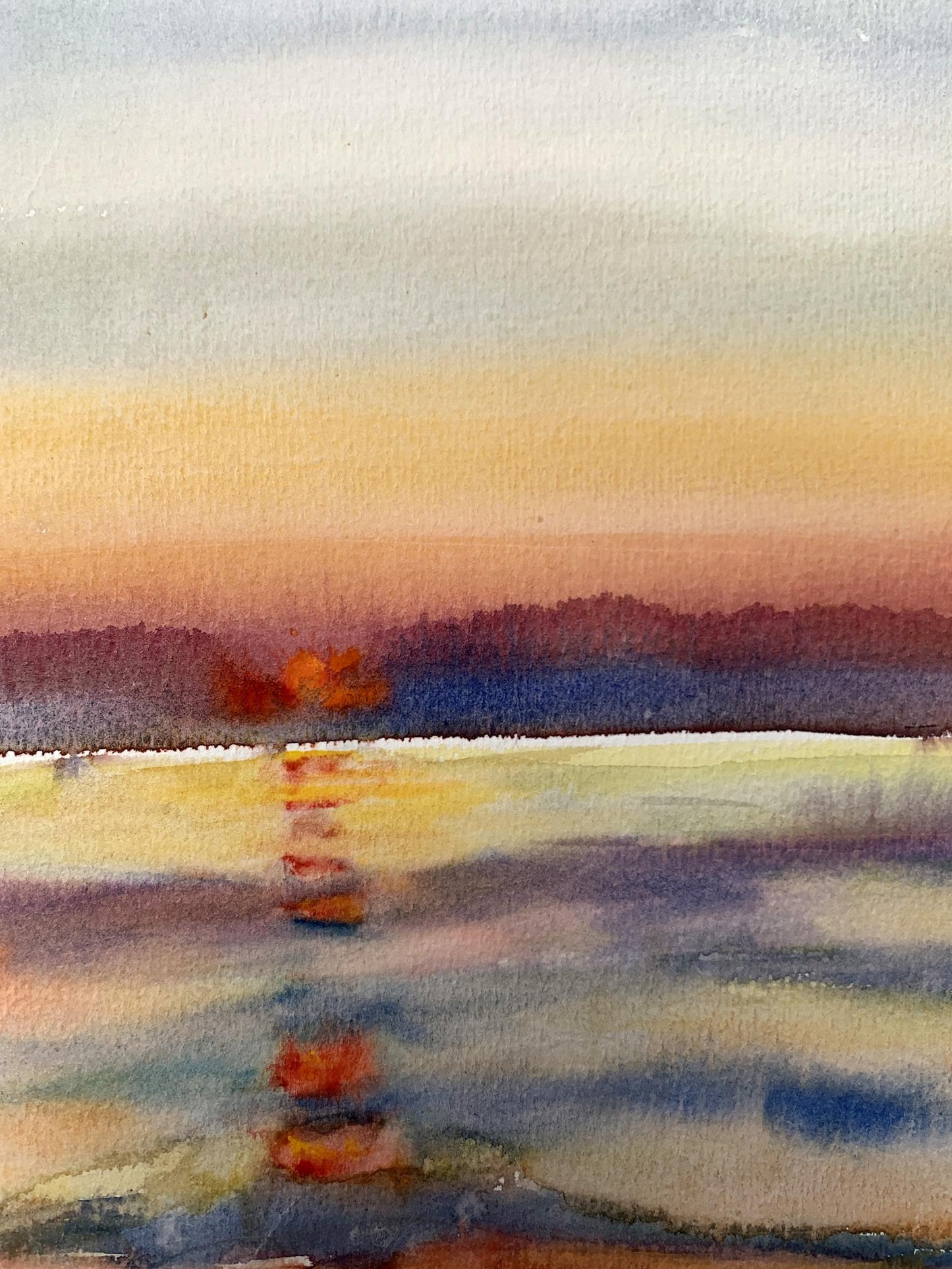 Watercolor painting Reflection of the sun in the sea Unknown artist