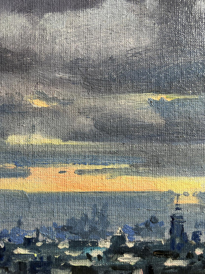 Oil painting Yellow sunset over the city Tatyana Derdey