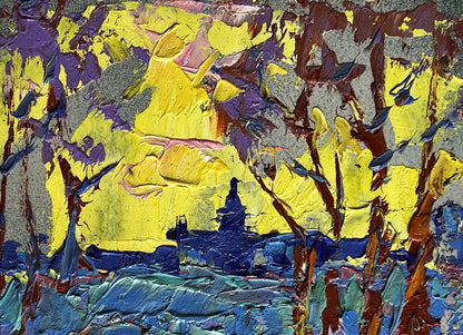 Oil painting Winter evening with yellow sunset Oleksiy Ivanyuk