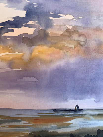 Watercolor painting Sunset sun in the sea Svetlana Gramm