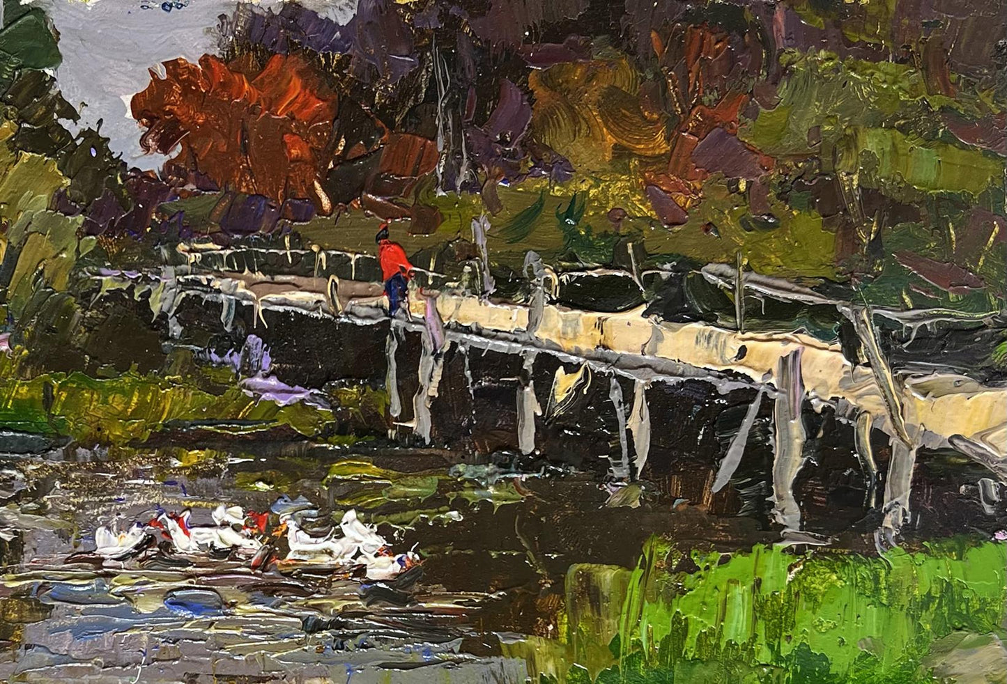 Oil painting Ducks on the lake near the bridge Oksana Ivanyuk