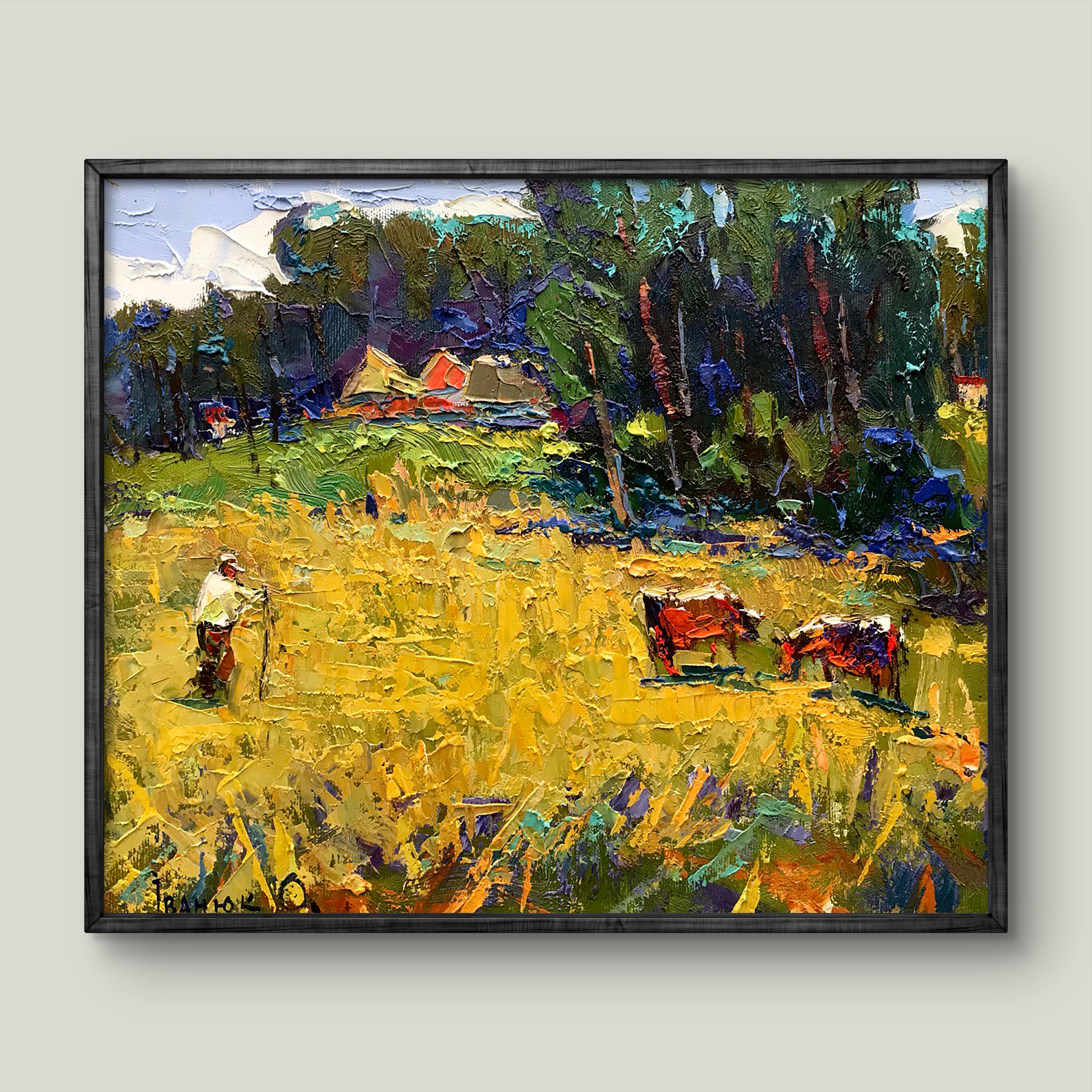 Oil painting Cows in a yellow field Oksana Ivanyuk