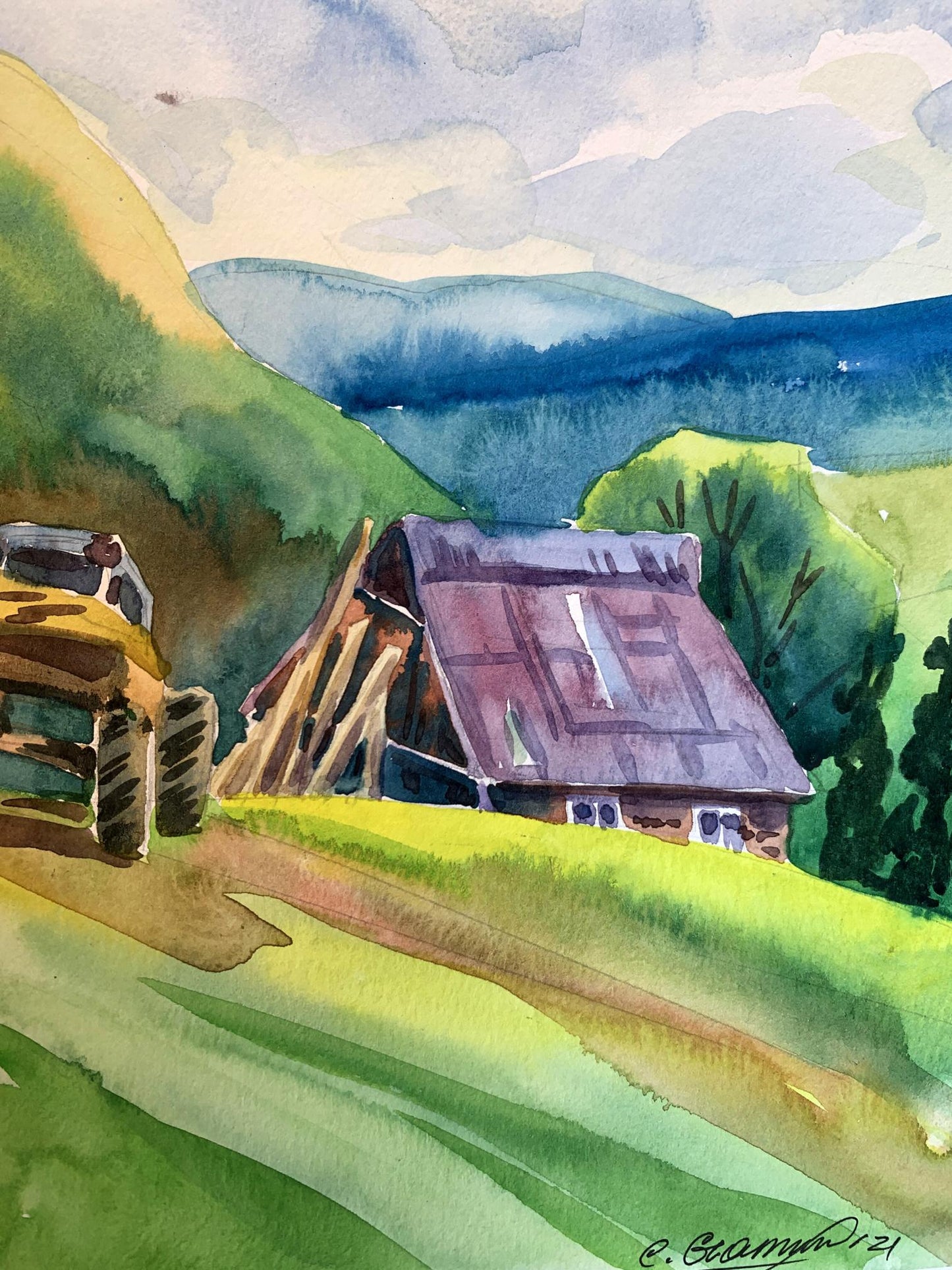 Watercolor painting Village in the mountains Svetlana Gramm