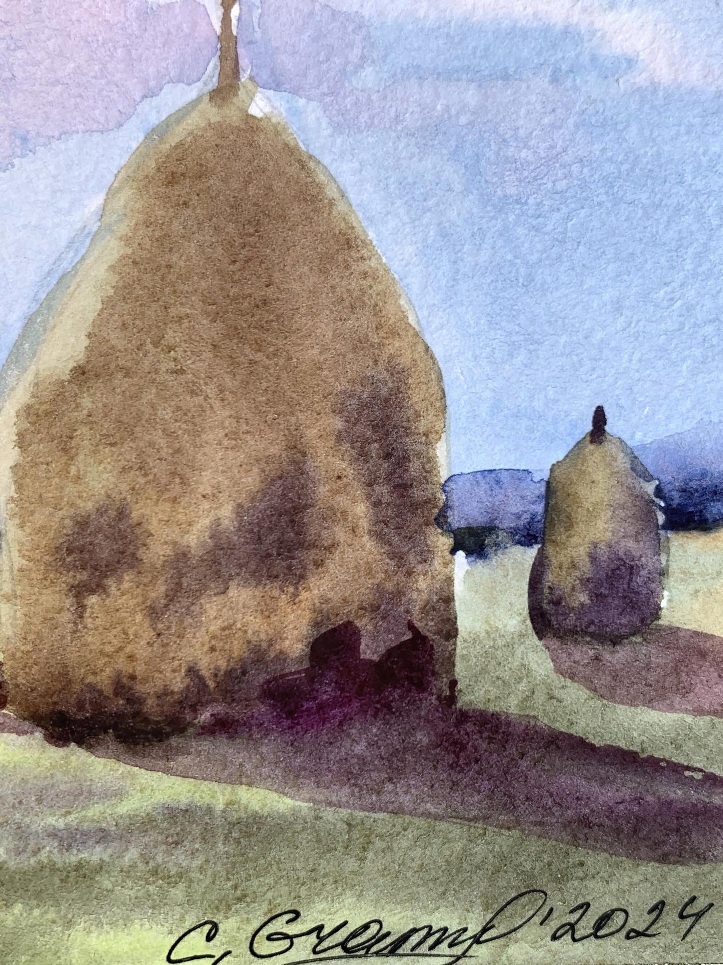 Watercolor painting Haystacks in a field Svetlana Gramm