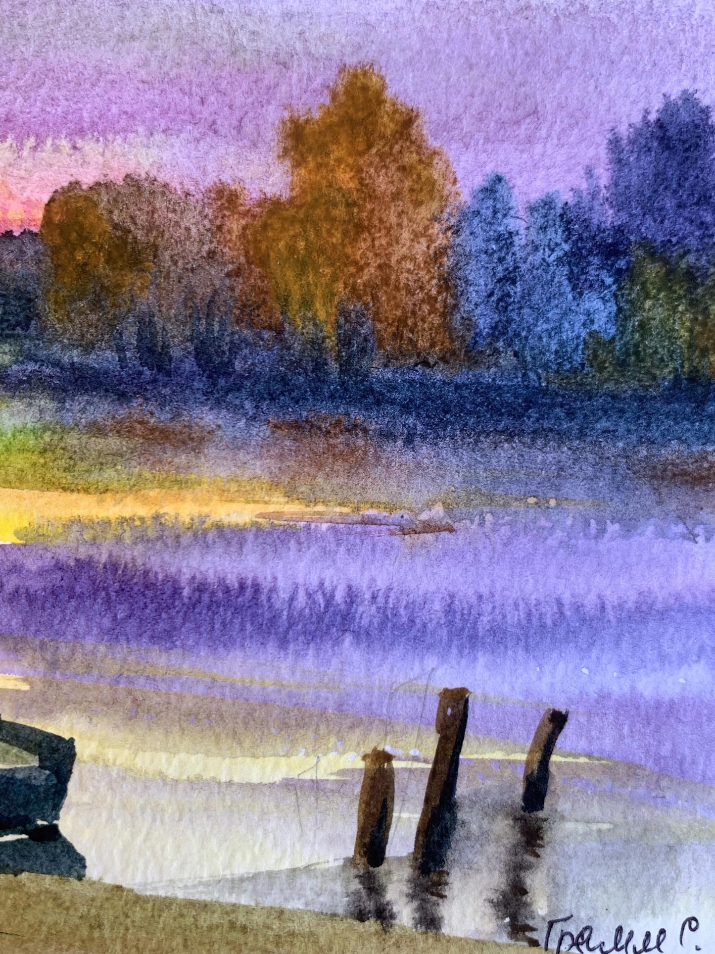 Watercolor painting Boats and sunset Svetlana Gramm