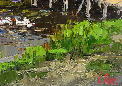 Oil painting Ducks on the lake near the bridge Oksana Ivanyuk