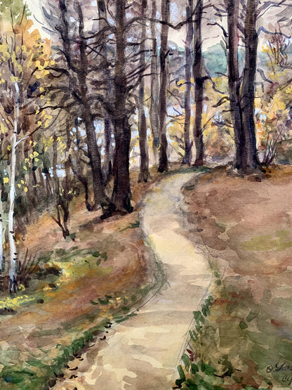 Watercolor painting Path in the autumn forest O. Umansky