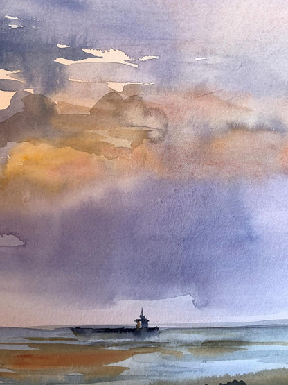 Watercolor painting Sunset sun in the sea Svetlana Gramm