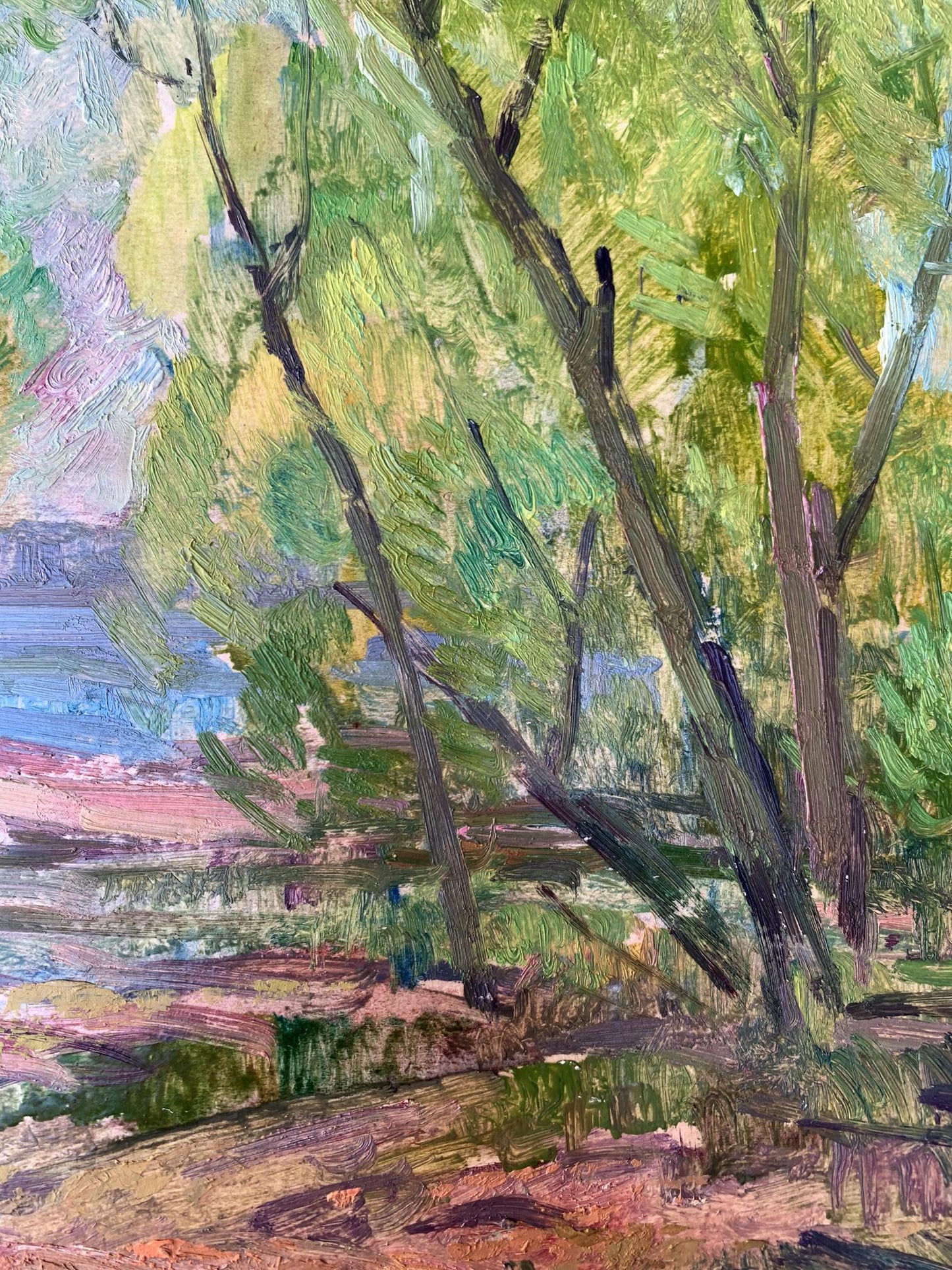 Oil painting Green trees by the river Peter Dobrev