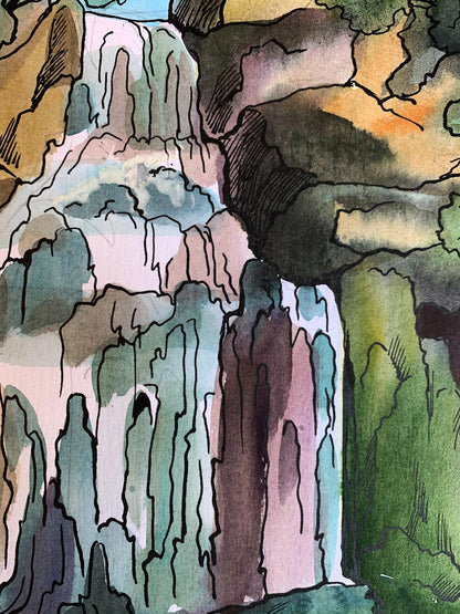 Watercolor painting Mountain waterfall Svetlana Gramm