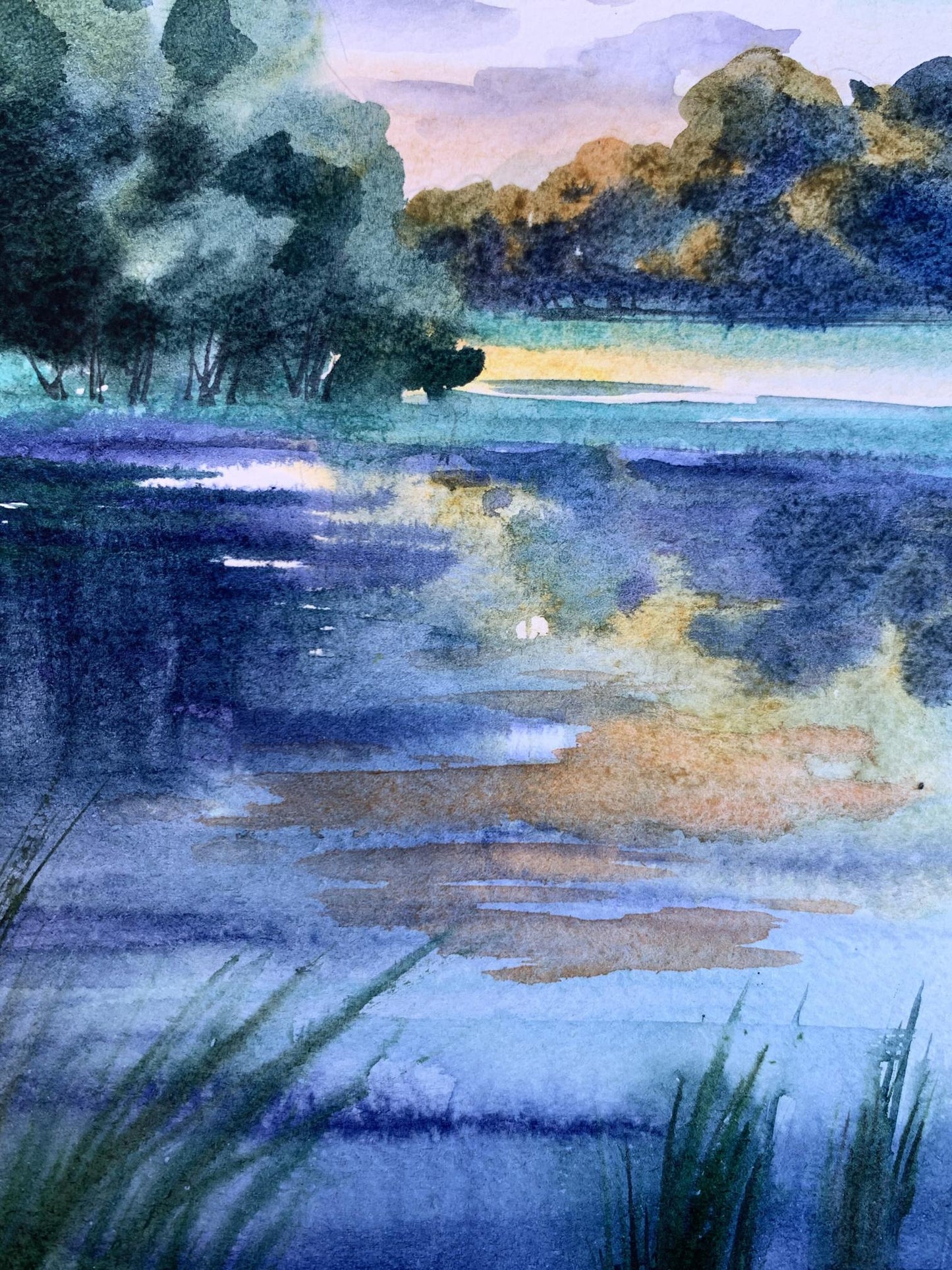 Watercolor painting Cool evening by the river Svetlana Gramm