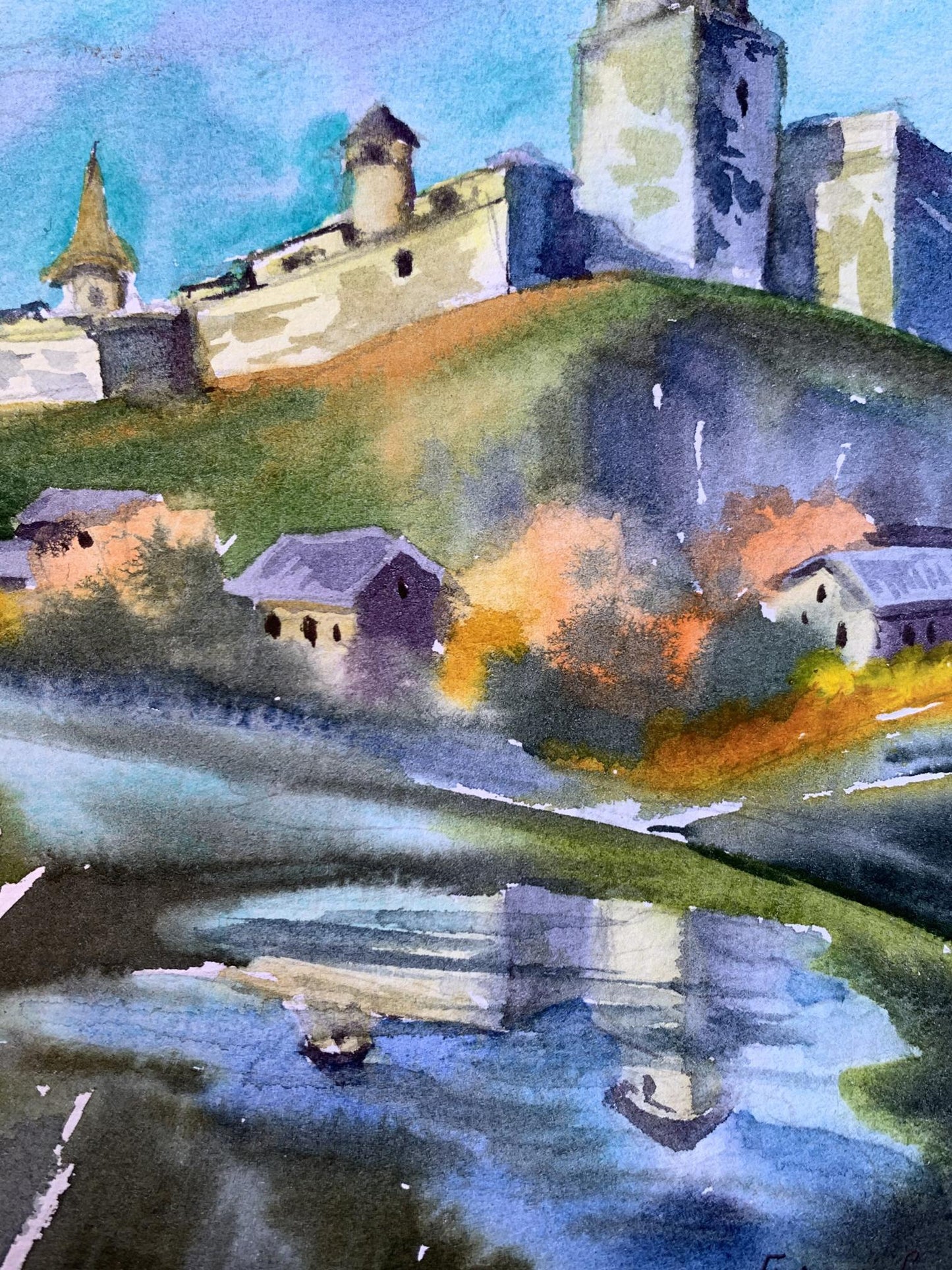 Watercolor painting Castle and village Svetlana Gramm