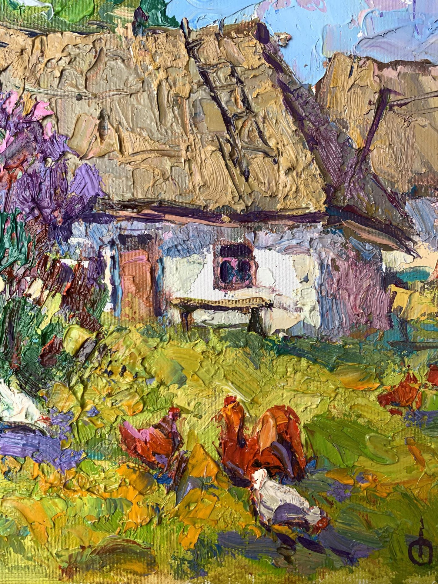 Oil painting Chickens grazing in the yard Oksana Ivanyuk