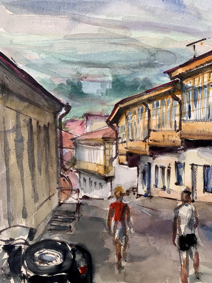 Watercolor painting Busy city street Unknown artist