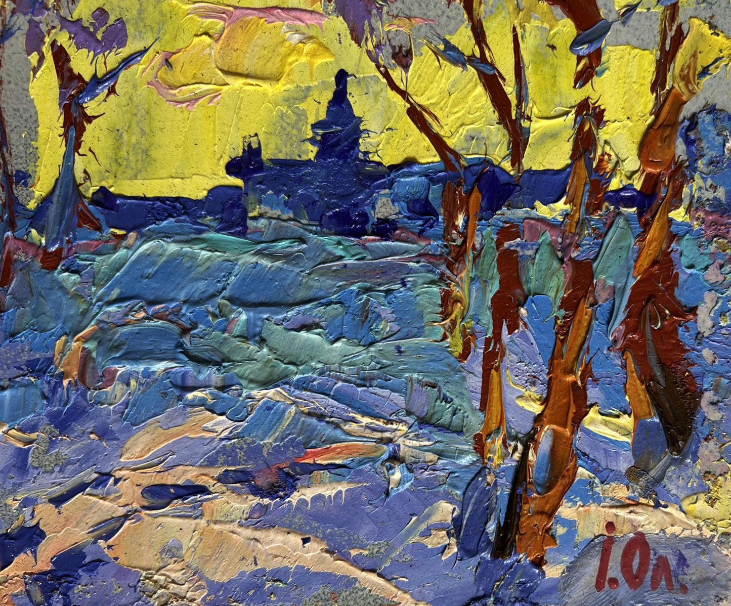 Oil painting Winter evening with yellow sunset Oleksiy Ivanyuk