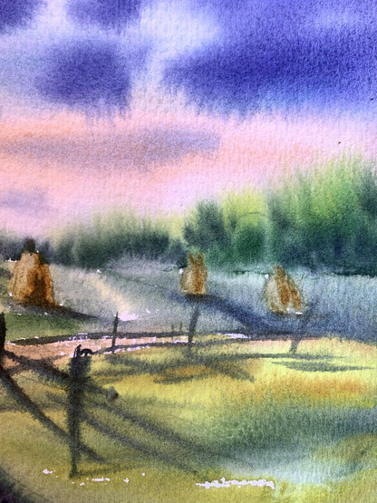 Watercolor painting Windmills and haystacks Svetlana Gramm