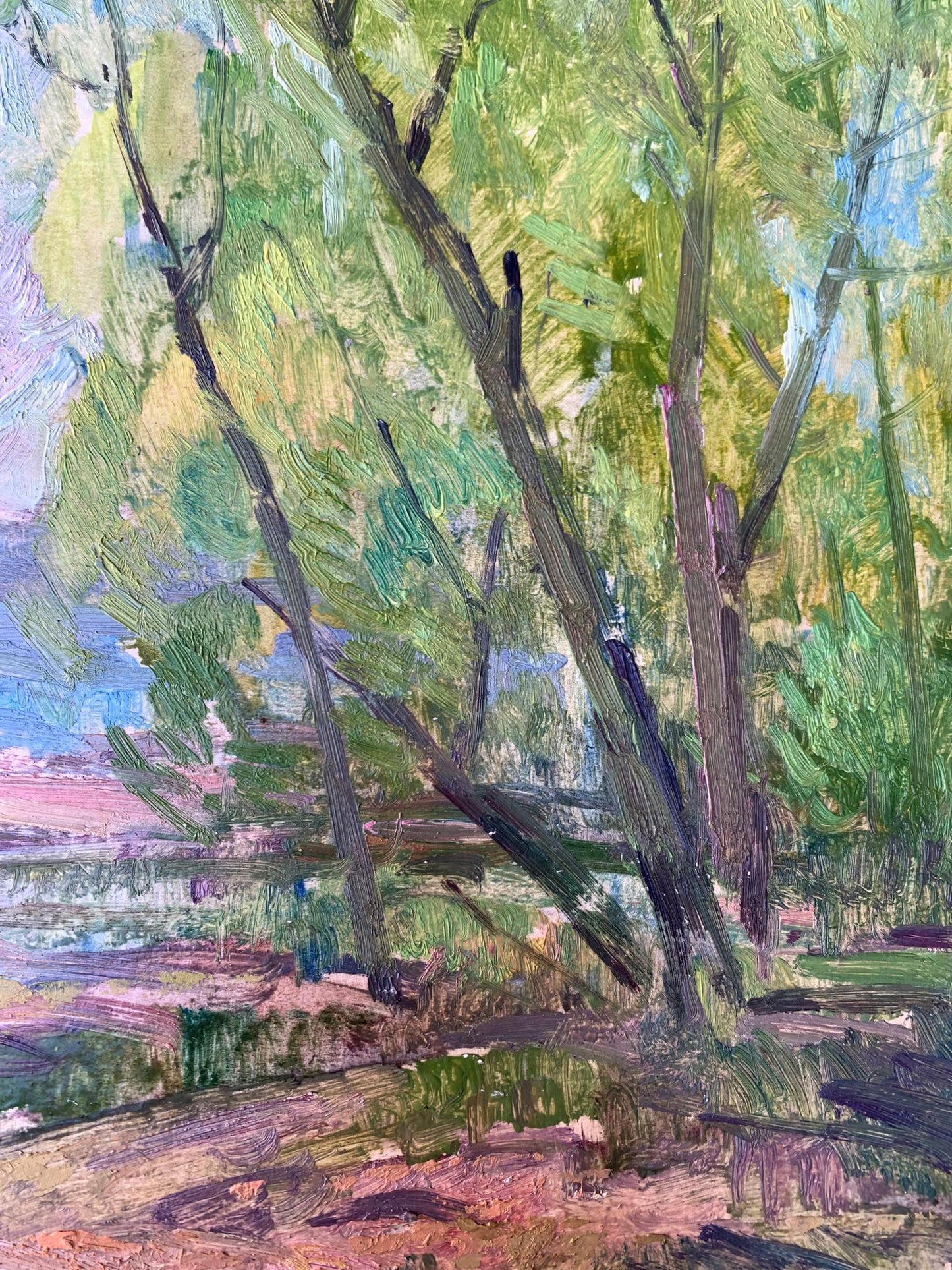 Oil painting Green trees by the river Peter Dobrev