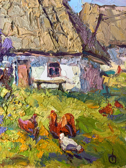 Oil painting Chickens grazing in the yard Oksana Ivanyuk