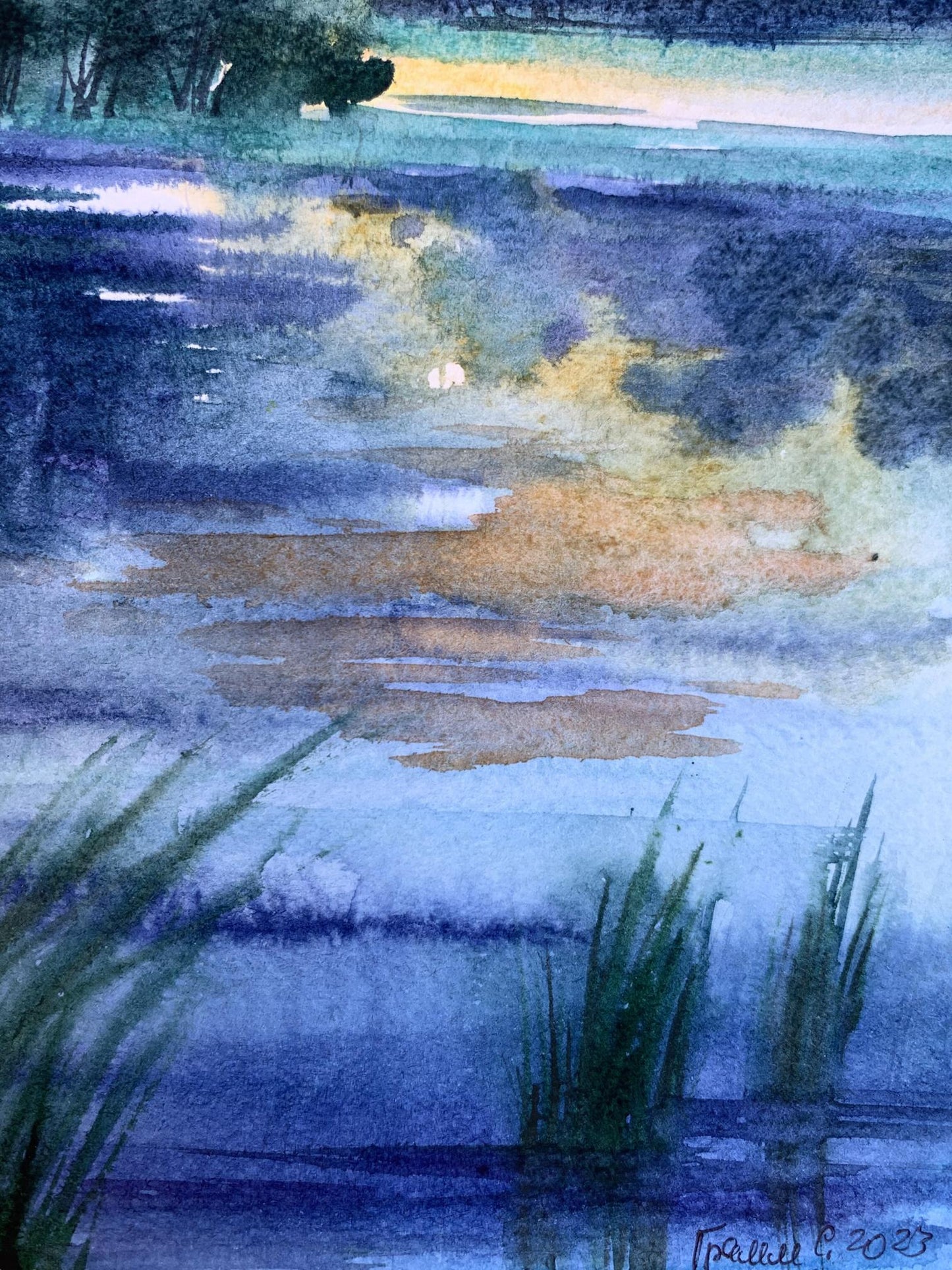 Watercolor painting Cool evening by the river Svetlana Gramm