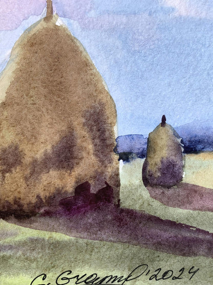 Watercolor painting Haystacks in a field Svetlana Gramm