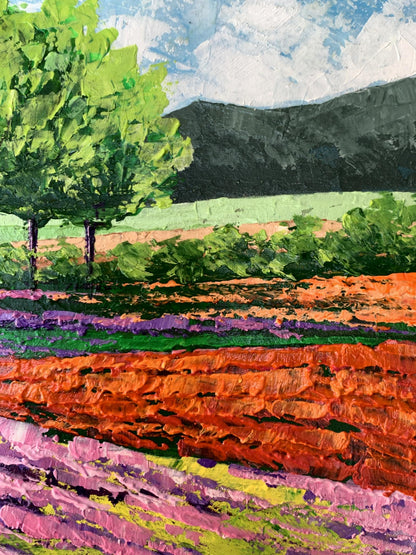 Oil painting Flower fields near the mountains V. Zadorozhnya