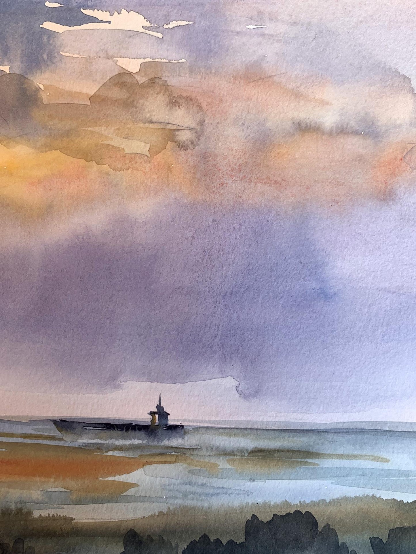 Watercolor painting Sunset sun in the sea Svetlana Gramm