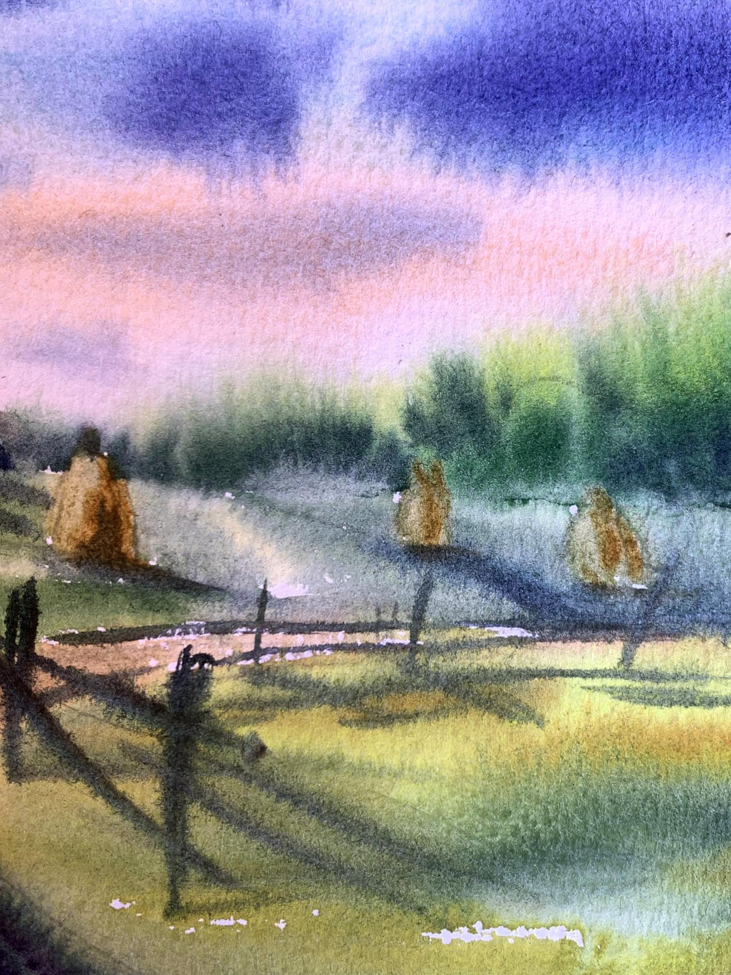 Watercolor painting Windmills and haystacks Svetlana Gramm