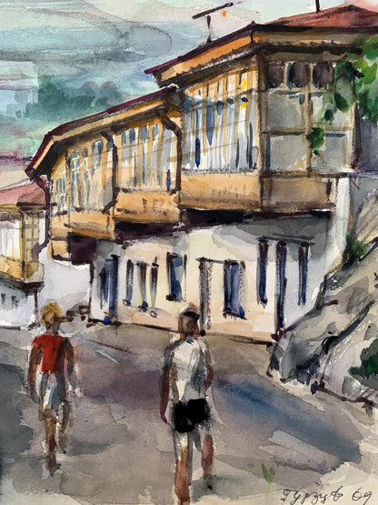 Watercolor painting Busy city street Unknown artist