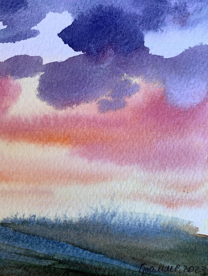 Watercolor painting Pink sunset Svetlana Gramm