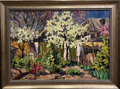 Oil painting Wild pear blossoms in the yard Petro Kolomoytsev