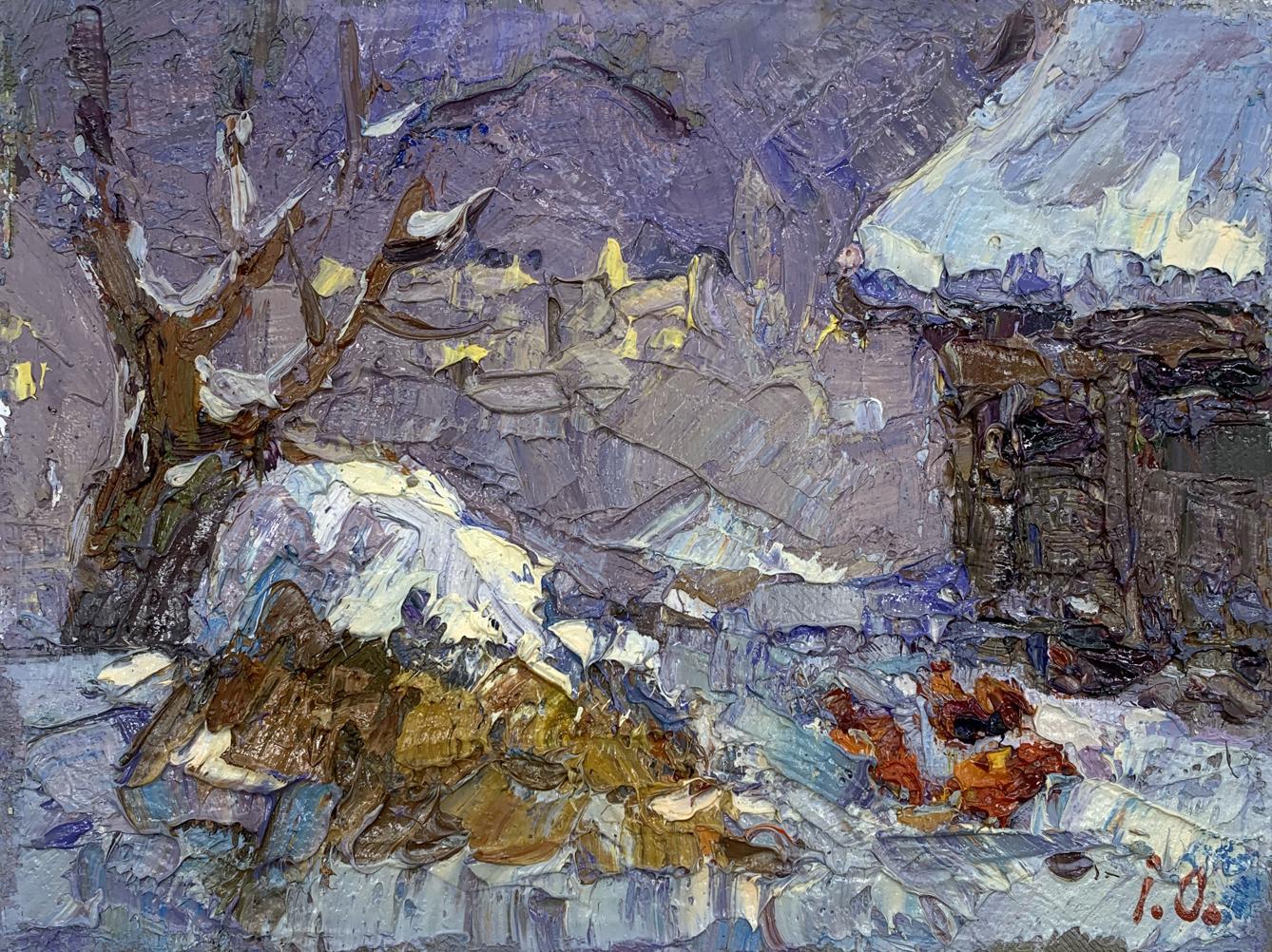 Oil painting Village at Sundown in Winter Oksana Ivanyuk