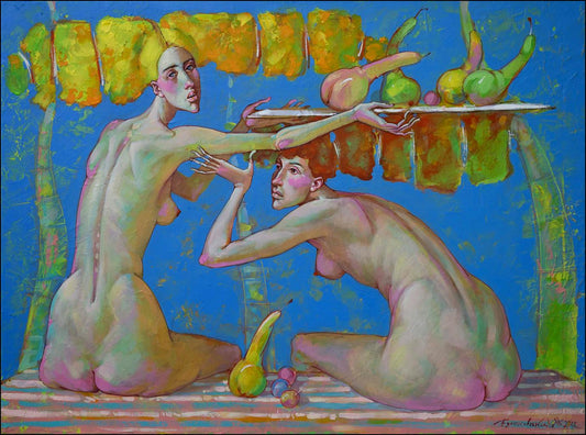 Acrylic painting Girls with a pear Nicolay Butkovsky