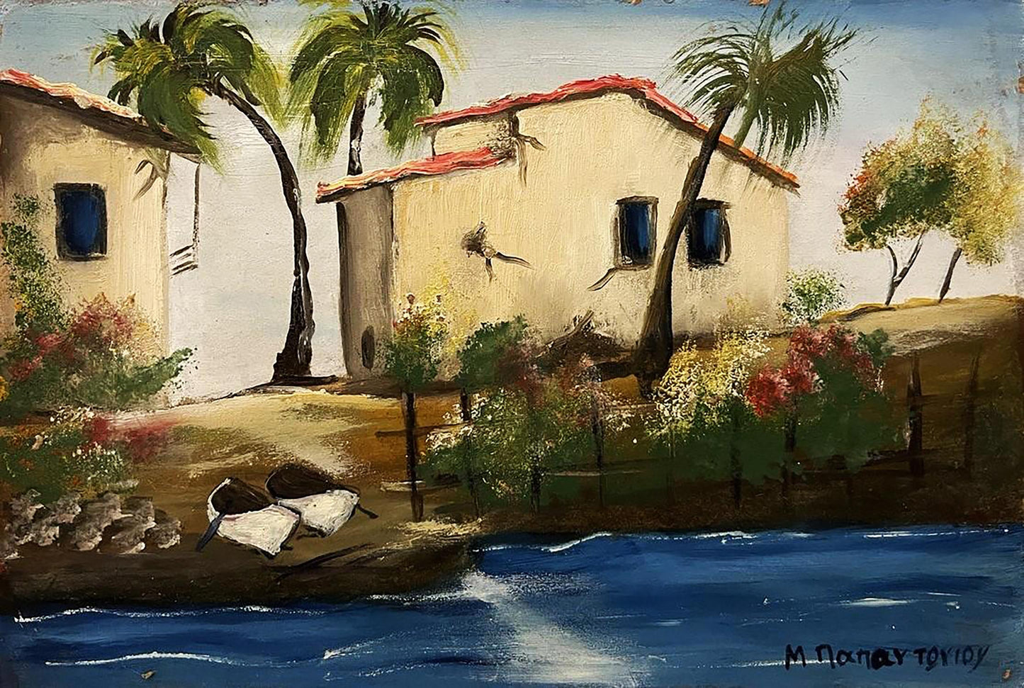 Oil painting Houses by the sea Unknown artist